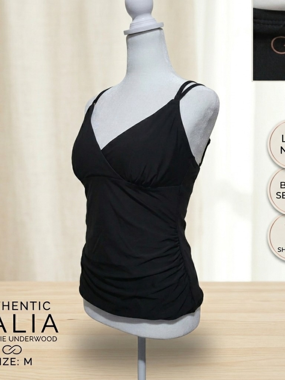 CALIA Carrie Underwood Black Ruched Strappy Cross Back Tankini Swim Top M